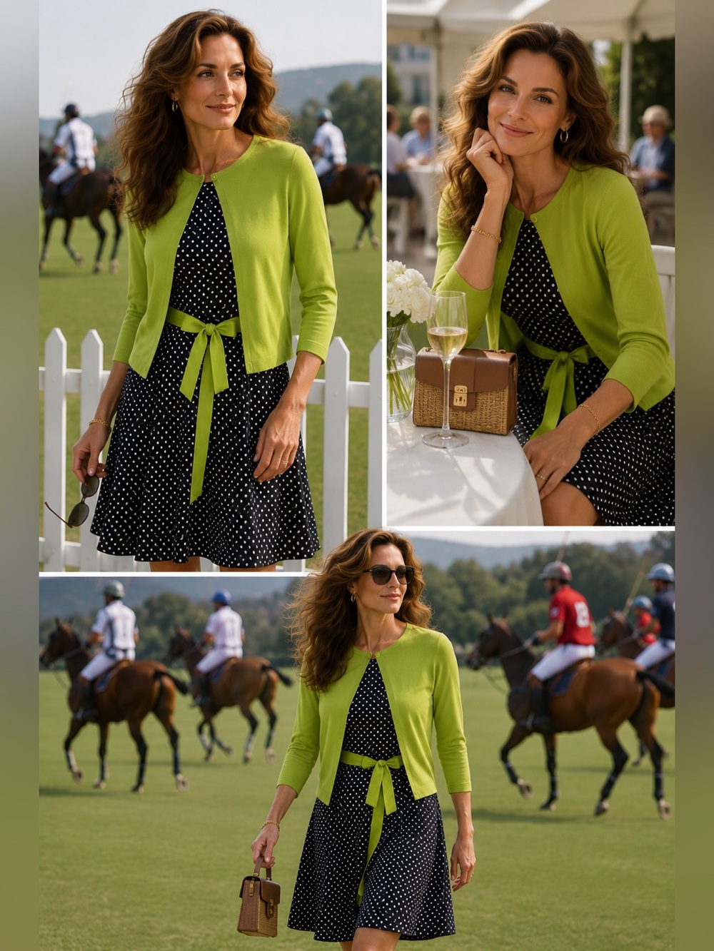 Coldwater Creek Lime Green Tie-Front Cardigan W/Black Polka Dot Dress Sz MP